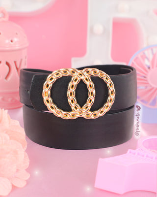 Cinturón negro herraje dorado doble circulo eslabones