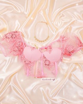 Crop top bordado de copas manga globo