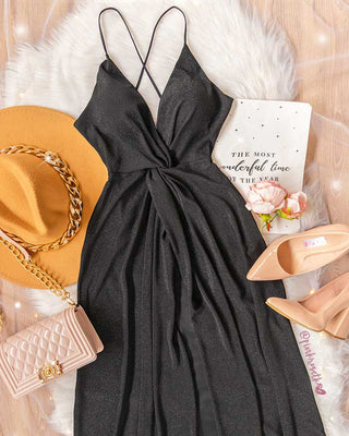 Vestido largo brillitos nudo busto tiras