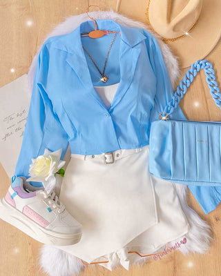 Blusa corta manga larga cuello un botón