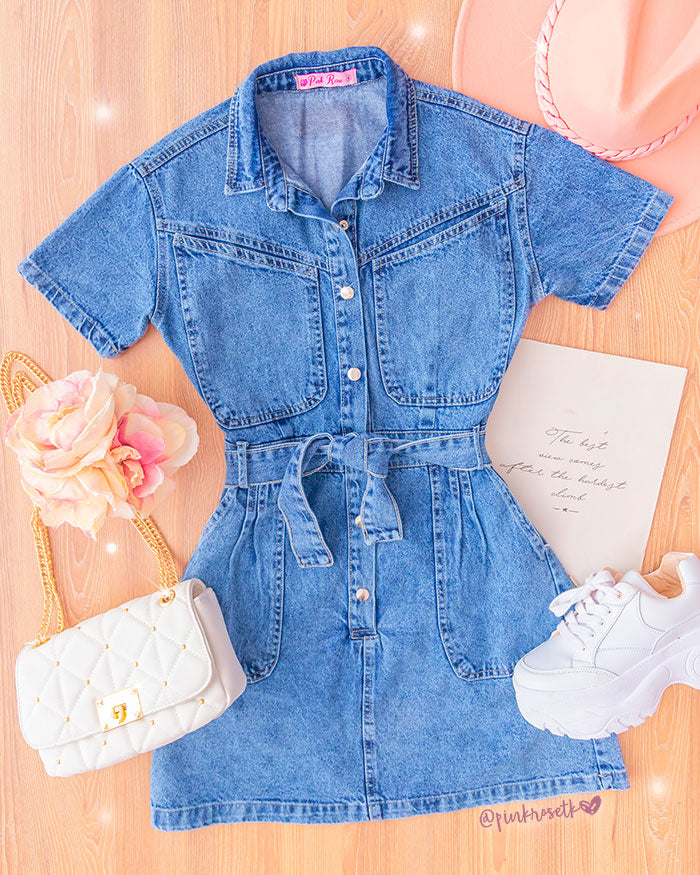 VESTIDO DE JEAN MANGA CORTA Y LAZO – Pink Rose tk