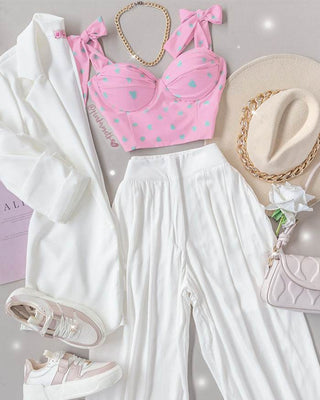 Pantalon blanco bota ancha con prenses de tela suave