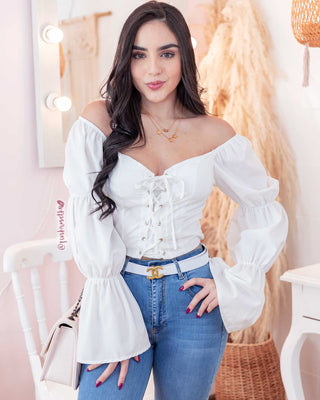 BLUSA MANGA ANCHA Y CORDÓN EN ESCOTE