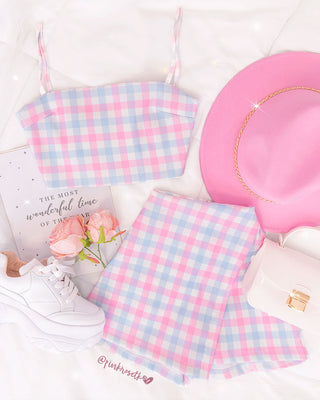 SET DE TOP Y FALDA SHORT DE CUADROS PASTEL