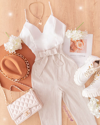 ENTERIZO DE MOÑITO Y RAYAS BEIGE