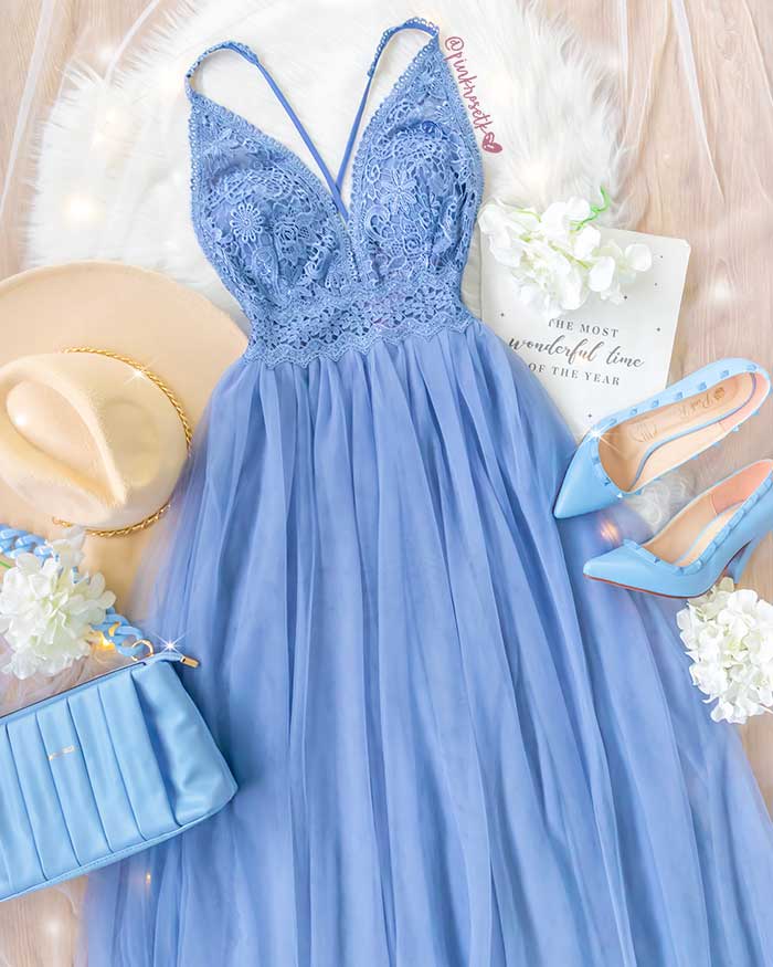 Vestido largo de tul con encaje en la parte superior – Pink Rose tk