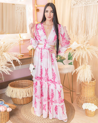 VESTIDO ROSADO MANGA LARGA Y ESPALDA DESCUBIERTA