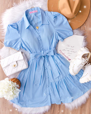 VESTIDO AZUL CON MOÑO