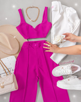 Set pantalón de vena, crop top con escote corazón