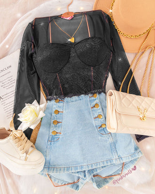 Crop top de encaje y manga larga en velo
