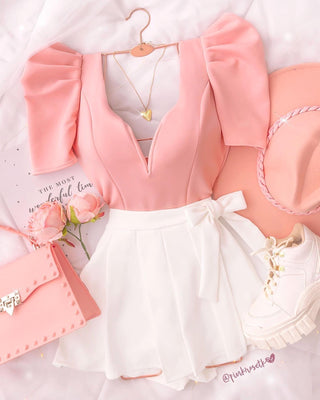 Body varilla manga puff rosa