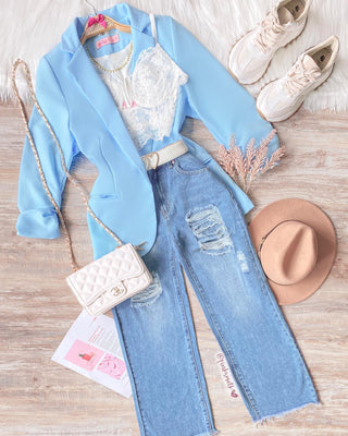 Blazer manga prensada azul