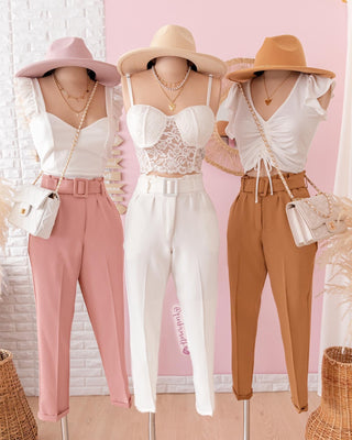Pantalón bolsa de papel y hebilla rosado