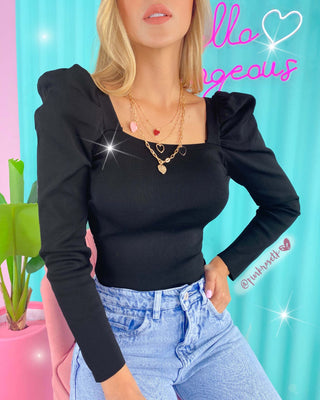 BLUSA TEJIDA MANGA PUFF CUELLO CUADRADO