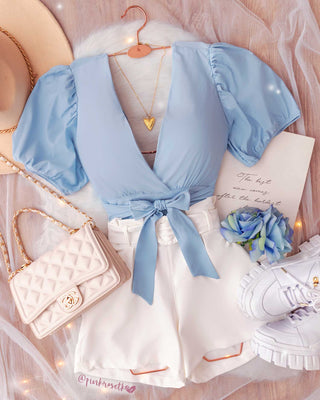 BLUSA AZUL MOÑO EN CINTURA